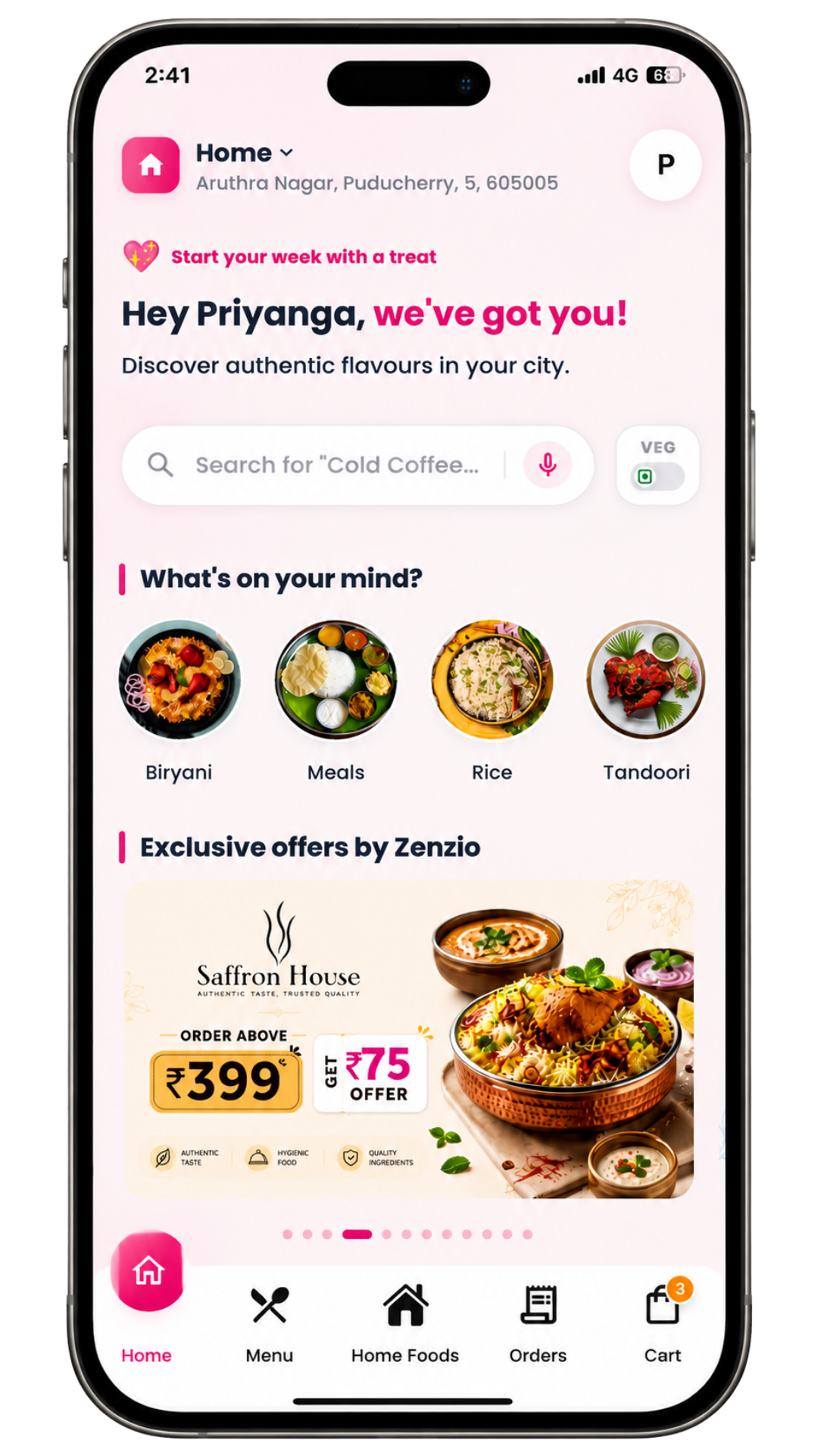 Zenzio app home screen showing search, categories, offers, and bottom navigation